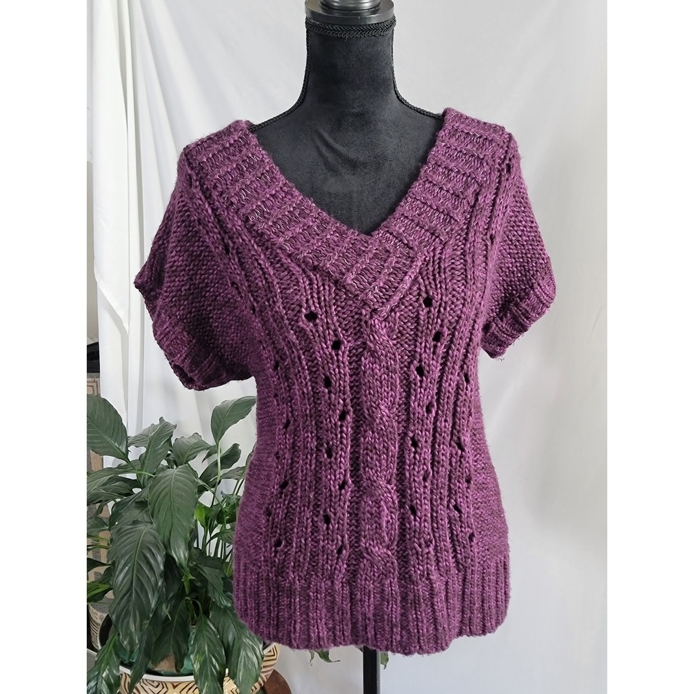 Mudd‎ Womens Purple Cable Knit Short Sleeve V-Neck Sweater Size Large DJSM41224